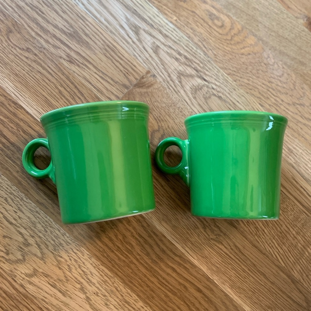 Pair of Homer Laughlin Fiesta Wear Shamrock Green Ring Handle Coffee Mugs Cups